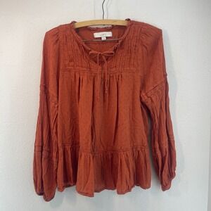 LOFT Rust Orange Textured Smocked Tie‎ Neck Peasant Blouse Women's Medium